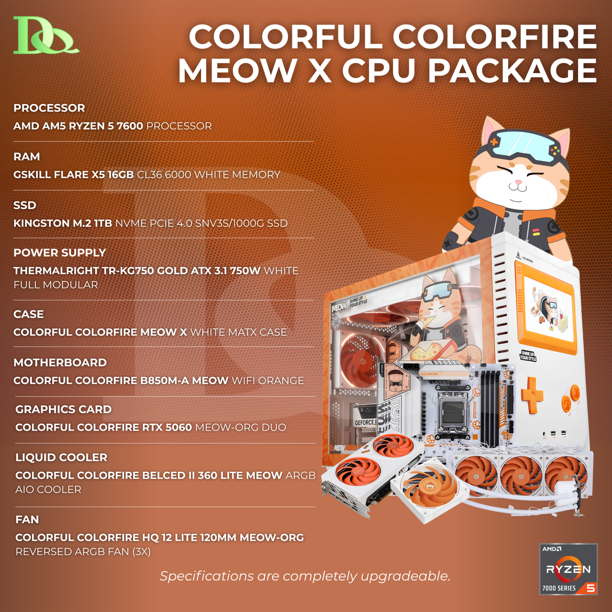 Colorful Colorfire MEOW X CPU Package | AMD AM5 RYZEN 5 7600 | B850M-A DDR5 | 16GB DDR5 RAM | 1TB NVMe SSD | RTX 5060 8GB-V GDDR7 | 750W GOLD PSU | BELCED II 360 LITE ARGB AIO | 3x HQ 12 LITE 120mm Reversed ARGB Fan