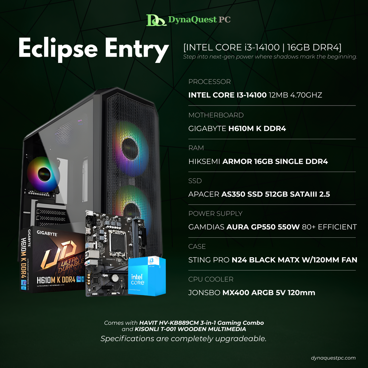 Intel Core i3-14100 | H610M | 16GB DDR4 RAM | 500GB NVMe SSD | 500W PSU | Sting Pro mATX Case | Keyboard | Mouse | Speaker | CPU Package