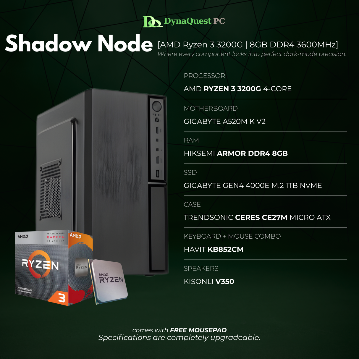 AMD Ryzen 3 3200G Quad Core | Vega 8 Graphics | A520M | 8GB DDR4 RAM | 1TB NVMe SSD | Keyboard | Mouse | Speaker CPU Package