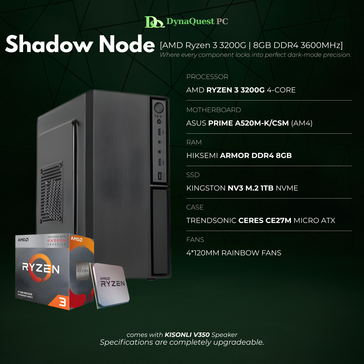 AMD Ryzen 3 3200G Quad Core | Vega 8 Graphics | A520M | 8GB DDR4 RAM | 1TB NVMe SSD | Keyboard | Mouse | Speaker CPU Package