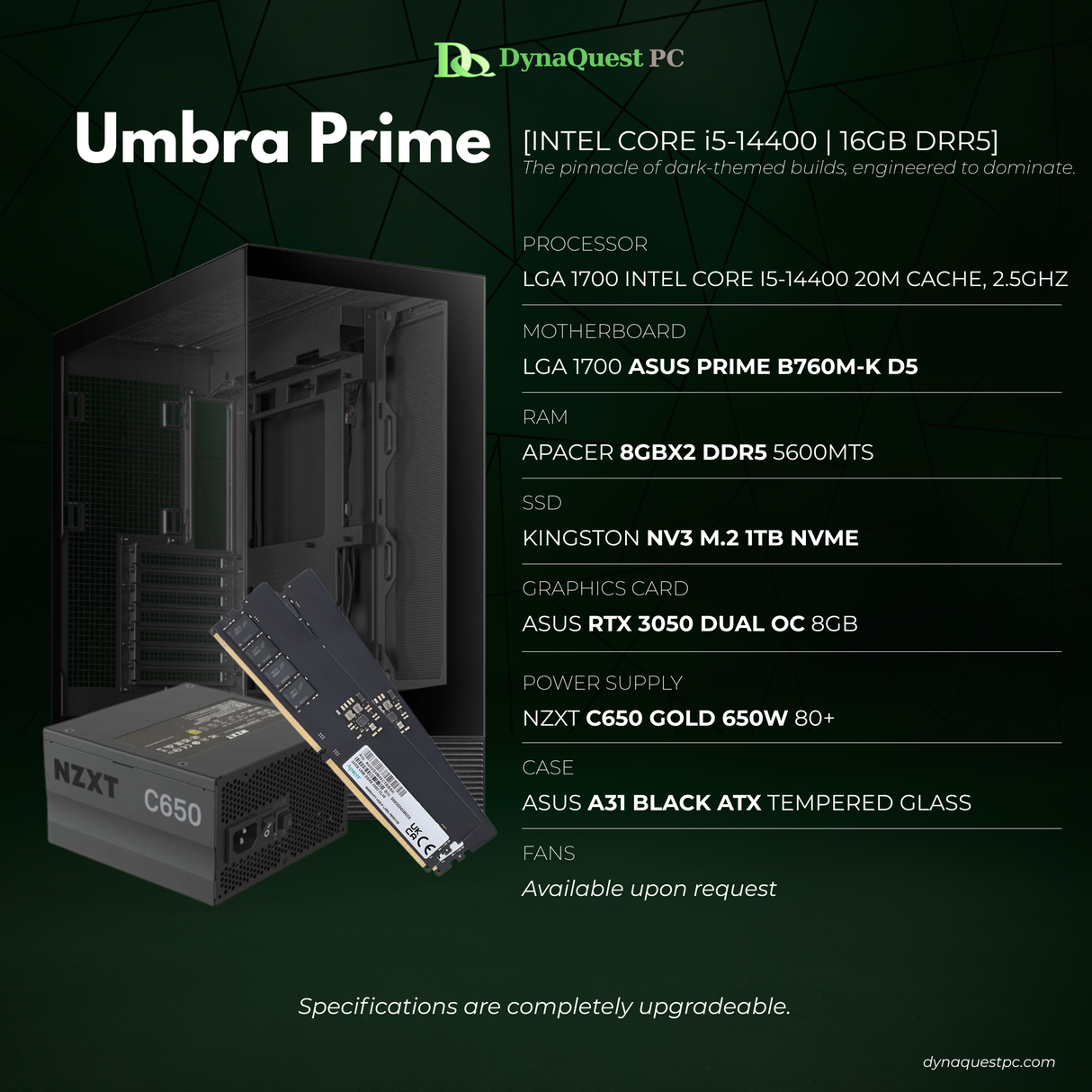 Intel Core i5-14400 | B760M | 16GB DDR5 RAM | 1TB NVMe SSD | RTX 3050 8G OC GPU | 750W Gold PSU | ATX Case | 120mm Air Cooler | CPU Package