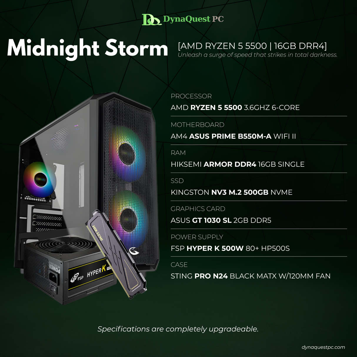 AMD Ryzen 5 5500 6-Core | B550M | 16GB DDR4 RAM | 500GB NVMe SSD | GT 1030 2G GPU | 500W PSU | STRING PRO Case | CPU Package