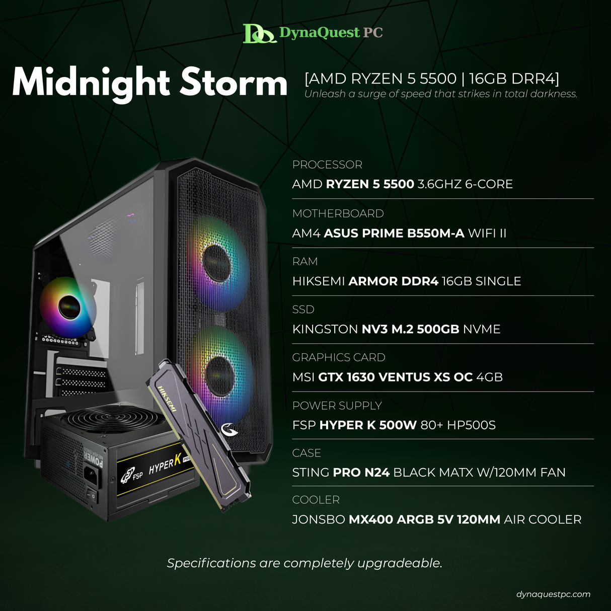 AMD Ryzen 5 5500 6-Core | B550M | 16GB DDR4 RAM | 500GB NVMe SSD | 1630 VENTUS XS OC 4GB GPU | 500W PSU | STRING PRO Case | CPU Package