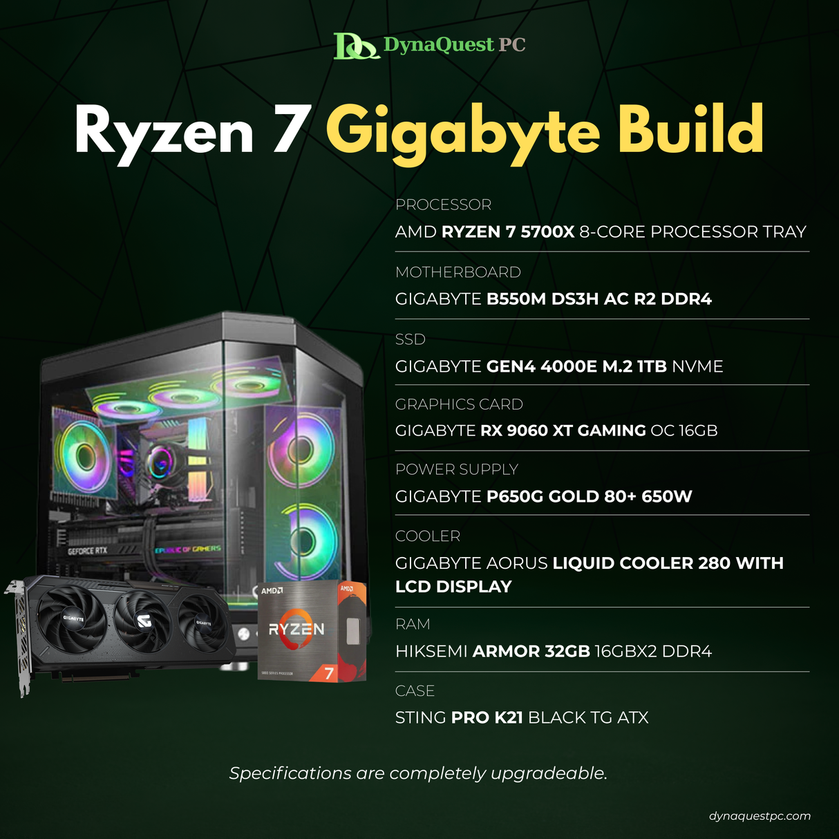 AMD Ryzen 7 5700X 8 Core | B550M | 32GB DDR4 RAM | 1TB NVMe SSD | RX 9060XT OC 16GB GPU | 650W Gold PSU | Sting Pro Dual Chamber Case | 280mm AIO Cooler | CPU Package