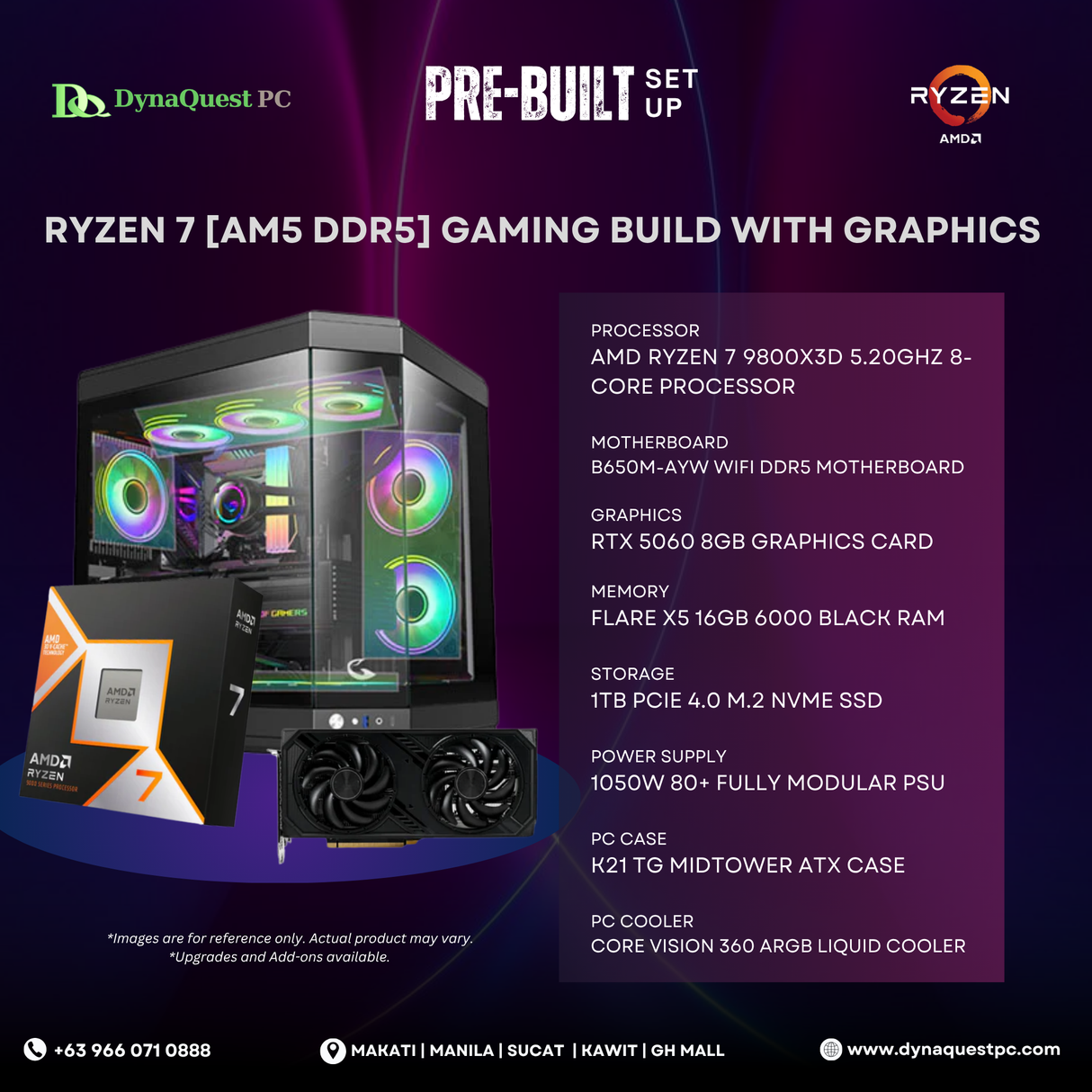 AMD Ryzen 7 9800X3D 8-Core | B650M | 16GB DDR5 RAM | 1TB NVMe SSD | RTX 5060 O8G GPU | 1050W Gold PSU | Sting PRO Case | 360mm Air Cooler | CPU Package
