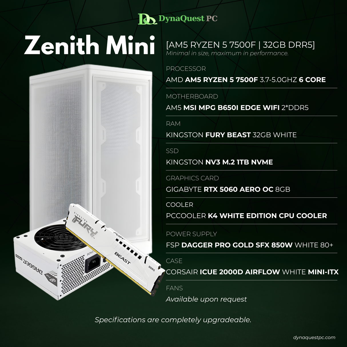 AMD Ryzen 5 7500F 6-Core | B650i | 32GB DDR5 RAM | 1TB NVMe SSD | RTX5060 8GB OC GPU | 750W Bronze PSU | Corsair mini-ITX Case | 120mm Air Cooler | CPU Package