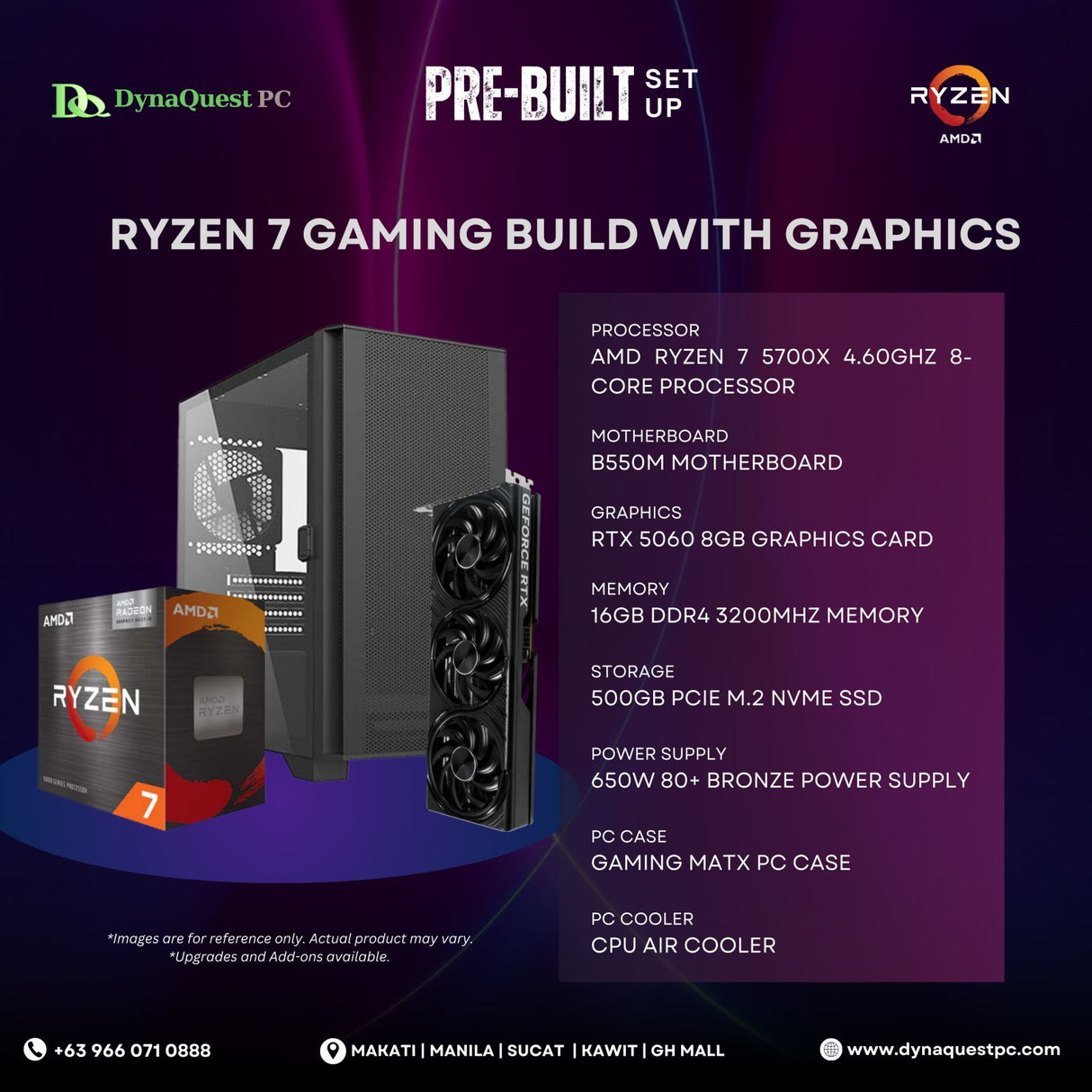 AMD Ryzen 7 5700X 8Core | B550M | 16GB DDR4 RAM | 512GB NVMe SSD | RTX 5060 8G GPU | 650W Bronze PSU | FSP ATX Case | 120mm Air Cooler | CPU Package
