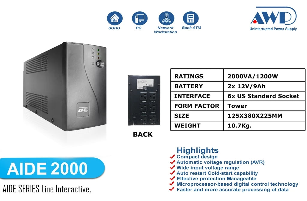 AWP Wise AID2000 2000VA / 1200W UPS with Built-in AVR