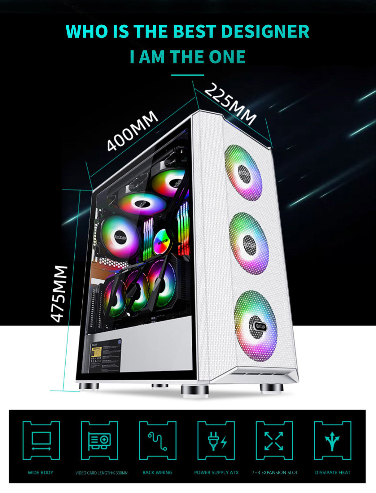 PCcooler GAME 7 White ATX TG MESH Mid Tower Case (with 4*120mm FX-120 3 DYNAMIC COLOR 120mm Fan)