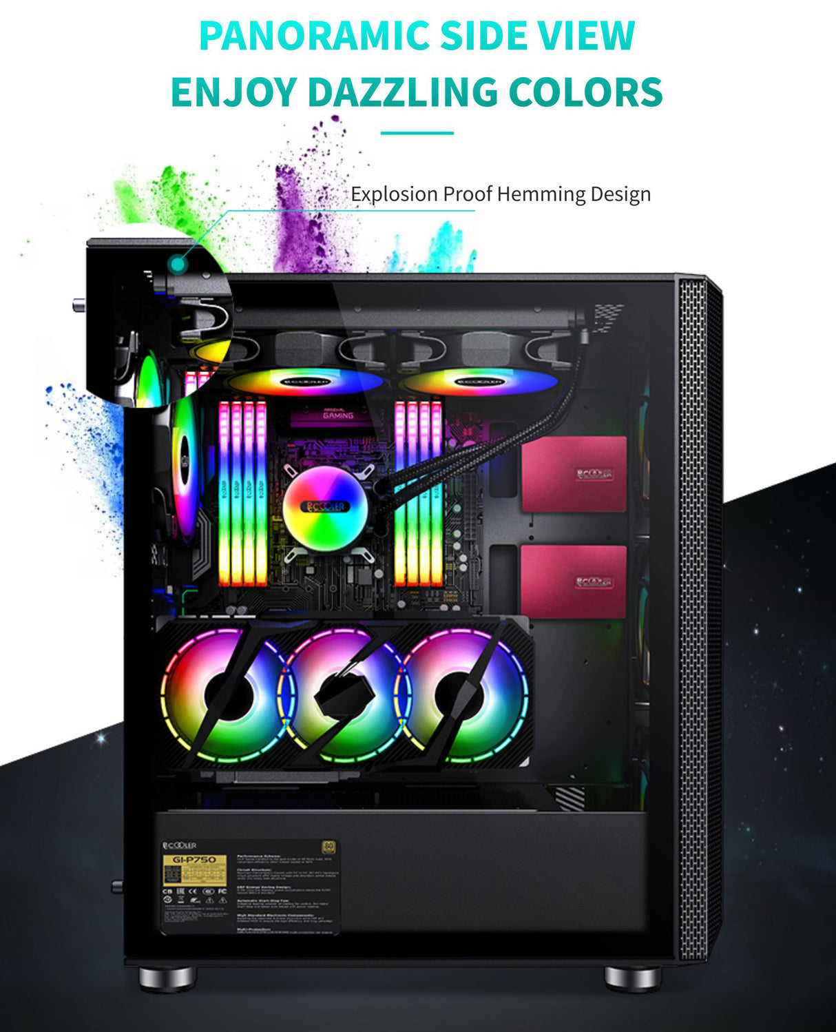 PCcooler GAME 7 Black ATX TG Mid Tower Case (with 4*120mm FX-120 3 DYNAMIC COLOR 120mm Fan)