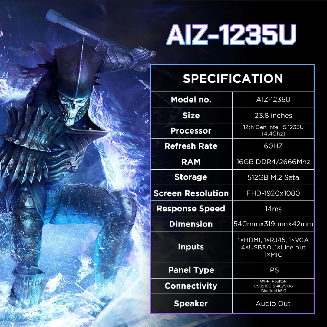 Viewplus AIZ-1235U 24 inch All-in-One Desktops PC | Intel Core i5-1235U | 16GB DDR4 RAM | 512G M.2 SSD | White Desktop Computer