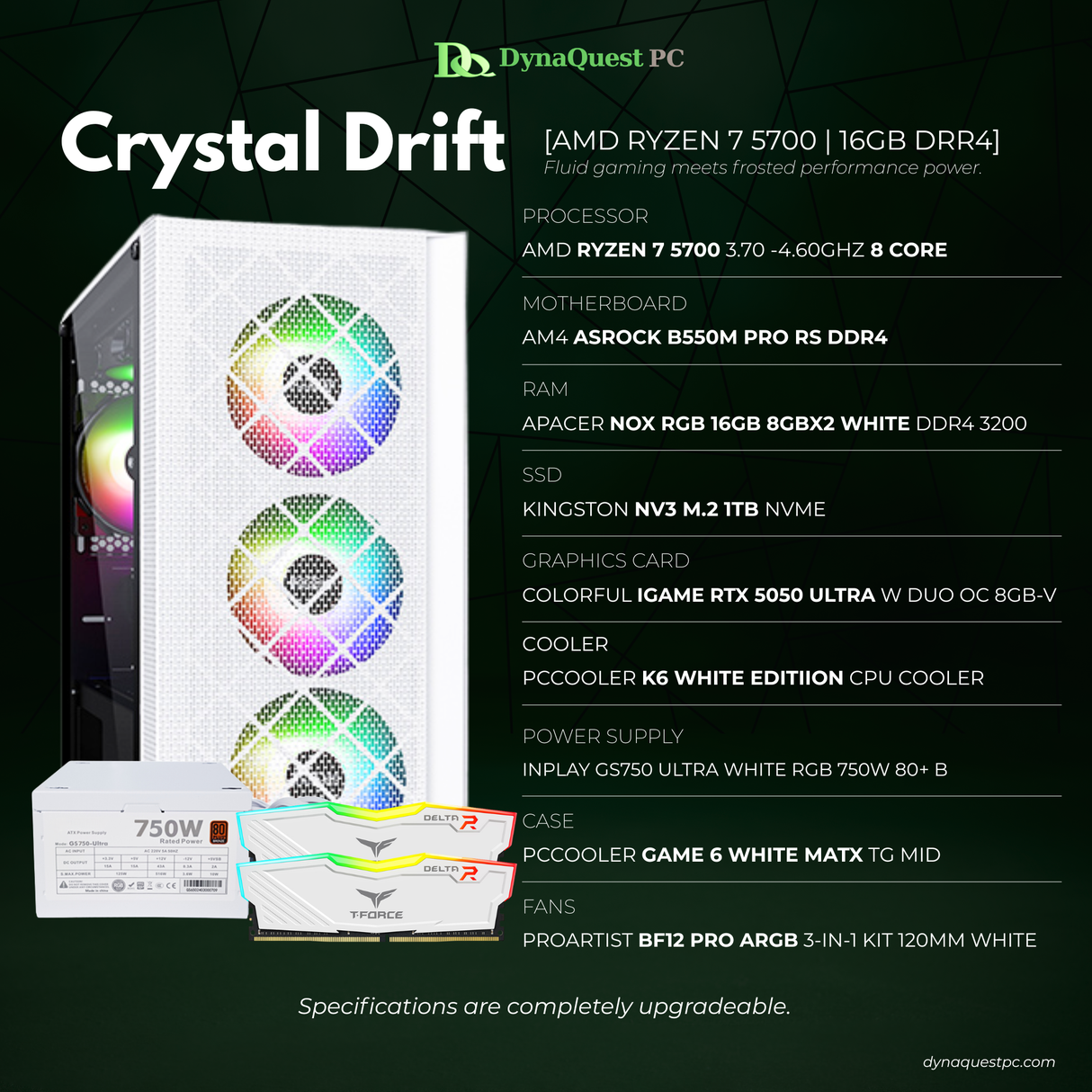 AMD Ryzen 7 5700 8-Core | B550M | 16GB DDR4 RAM | 1TB NVMe SSD | 750W Bronze PSU | PCcooler mATX Case | 120mm Air Cooler | CPU Package