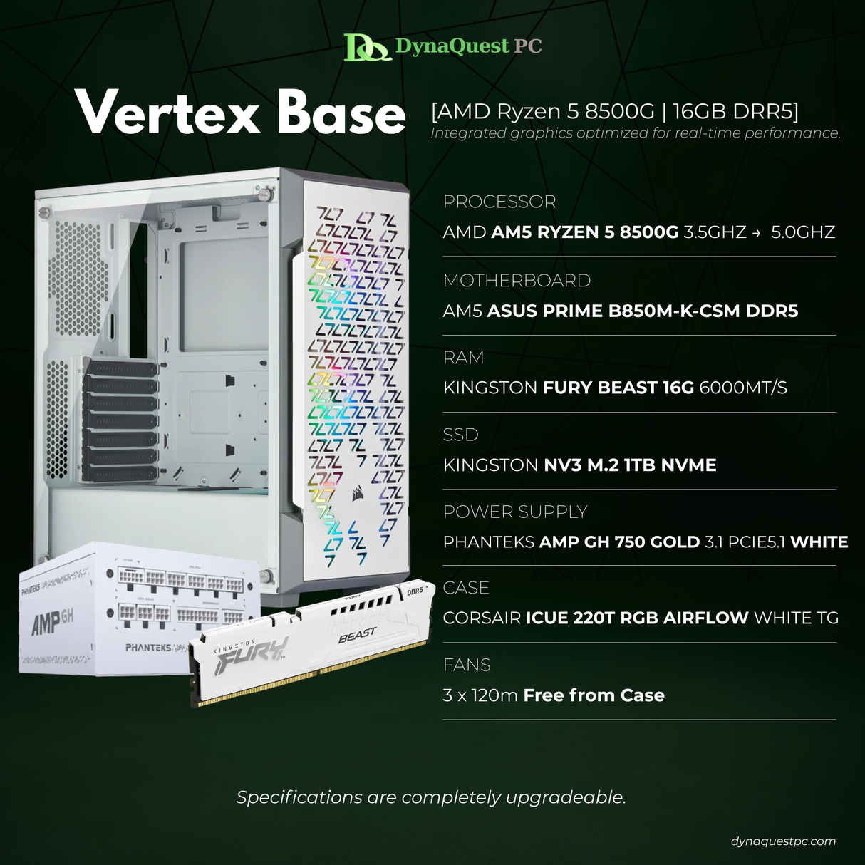 AMD Ryzen 5 8500G 6 Core | Radeon Graphics | B850M | 16GB DDR5 RAM | 1TB NVMe SSD | 750W Gold PSU | 120mm Air Cooler | CPU Package