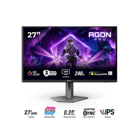 AOC Agon Pro AG276UZ 27" Dual Mode @ 240Hz UHD (3840x2160) / @ 480Hz FHD (1920x1080) 0.3ms MPRT Fast IPS Gaming Monitor with Tilt, Pivot, Swivel & Height Adjustment (Black/Grey)