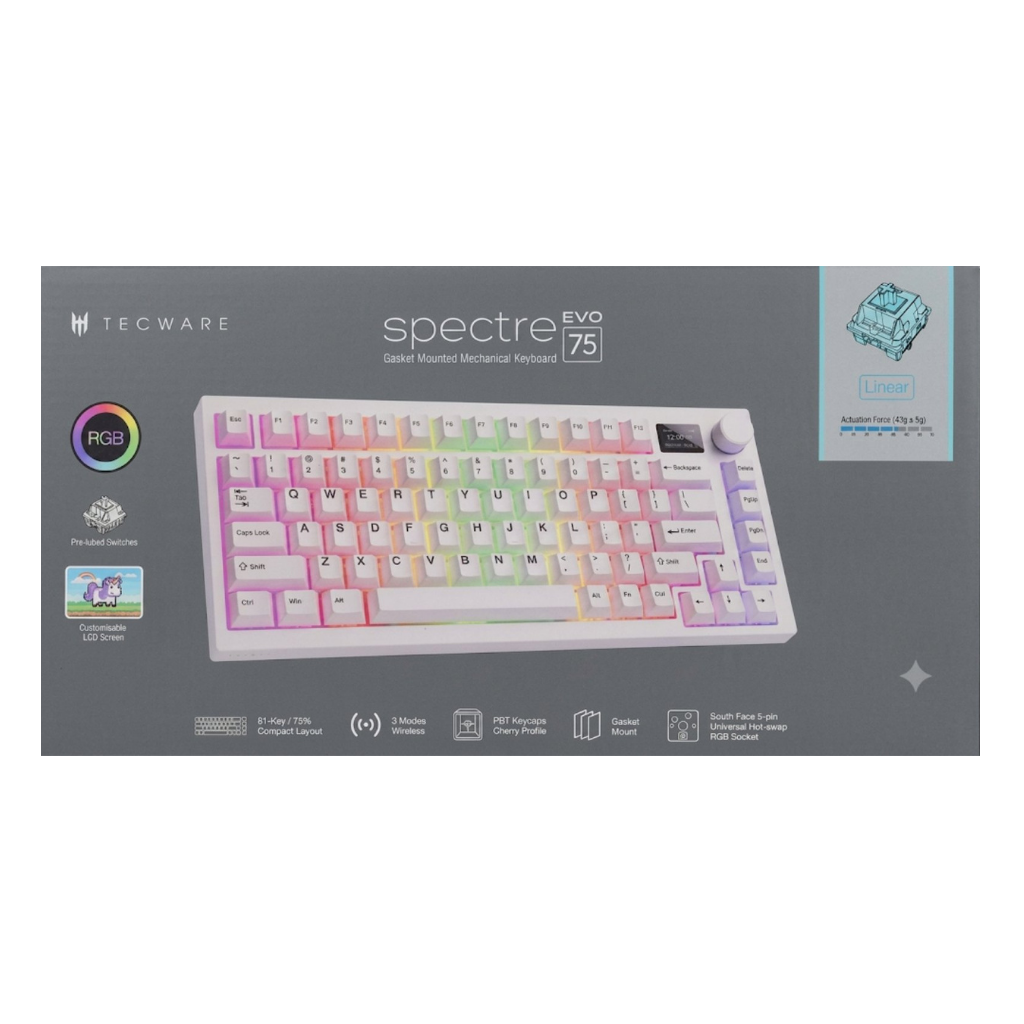 Tecware Spectre Evo 75 WHITE LCD 3-Mode Gaming Keyboard ( Switch: Purple Tactile | Blue Linear )