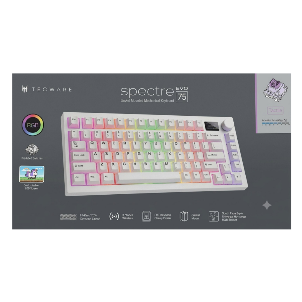 Tecware Spectre Evo 75 WHITE LCD 3-Mode Gaming Keyboard ( Switch: Purple Tactile | Blue Linear )