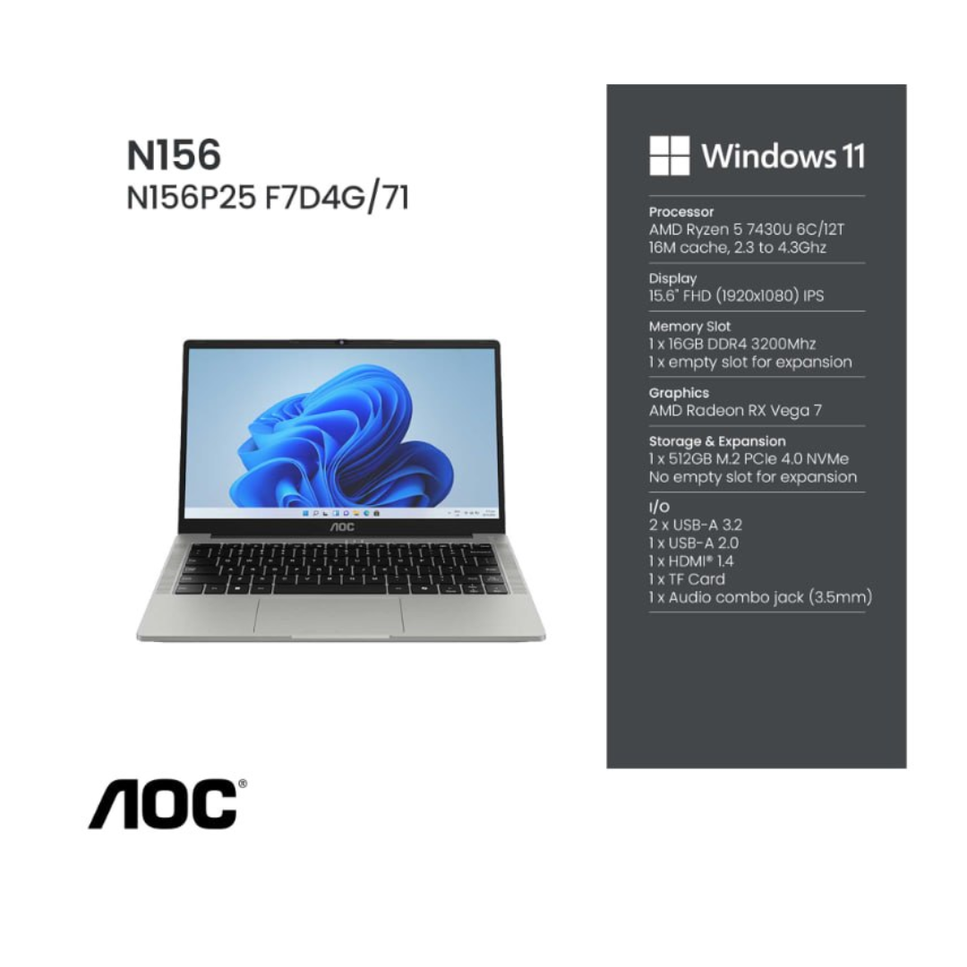 AOC N156P25-F7D4G/71 (Dark Grey) Laptop 15.6″ FHD IPS | R5 7430U | 16GB DDR4 RAM | 512GB NVMe | Radeon Graphics | Windows 11 Pro | Mouse + Mousepad + Sleeve
