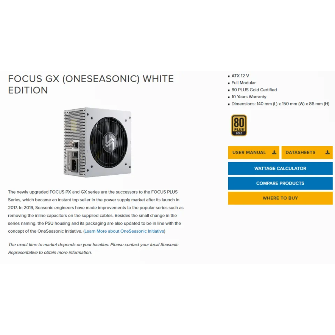 Seasonic Focus GX-750 GOLD 750W ATX 3.0 (White) 80+ Full Modular SSR-750FX WHITE