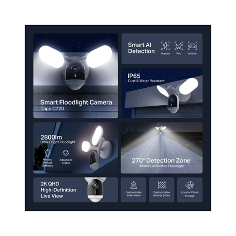 TP-Link Tapo C720 2K QHD Live View Smart Floodlight Outdoor WiFi IP Security Cctv Sale Camera Connect to Cellphone with Mic and Speaker