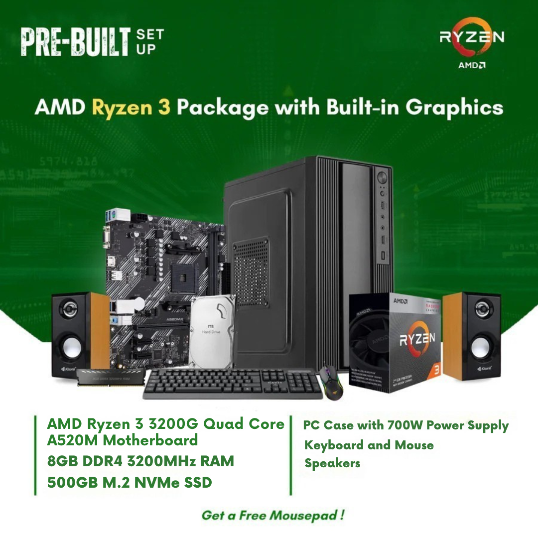 AMD Ryzen 3 3200G Quad Core | Vega 8 Graphics | A520M | 8GB DDR4 RAM | 500GB NVMe SSD | Keyboard | Mouse | Speaker CPU Package