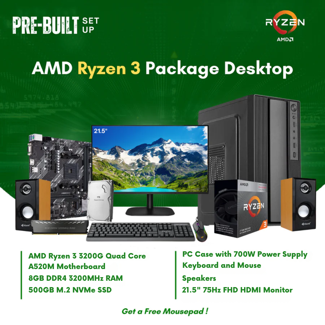 AMD Ryzen 3200G Quad Core Vega Graphics A520M 8GB DDR4 RAM 500GB NVMe SSD Keyboard Mouse Speaker LED Package Desktop