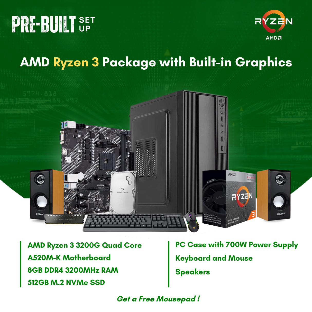 AMD Ryzen 3 3200G Quad Core | Vega 8 Graphics | A520M | 8GB DDR4 RAM | 512GB NVMe SSD | Keyboard | Mouse | Speaker CPU Package