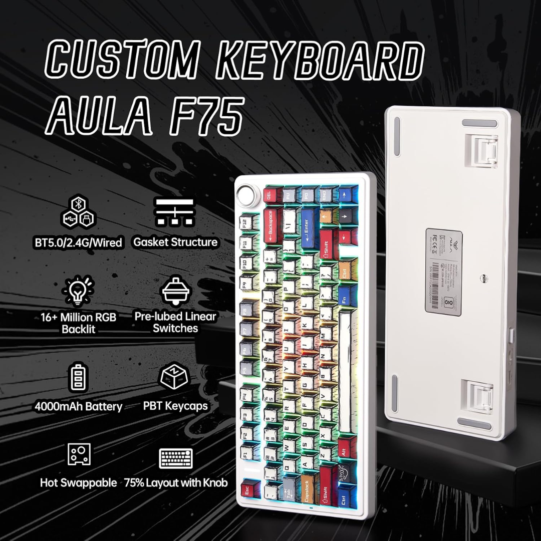 Aula F75 Mechanical Keyboard 75% 80 Key RGB Tri-Mode Wired Bluetooth 2.4G Gasket Structure Hot-swap Gaming Keyboard