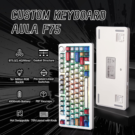 Aula F75 Mechanical Keyboard 75% 80 Key RGB Tri-Mode Wired Bluetooth 2.4G Gasket Structure Hot-swap Gaming Keyboard