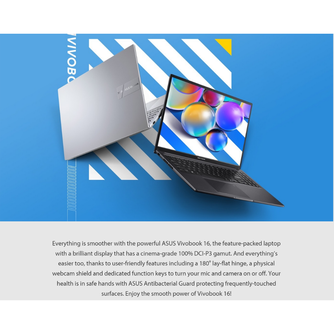 Asus Vivobook 16 X1605ZA-MB095W Laptop (Black) | 16” WUXGA 1920x1200 | i3-1215U | 8 GB RAM | 512 GB SSD | Intel UHD Graphics | Windows 11 Home | ASUS Backpack
