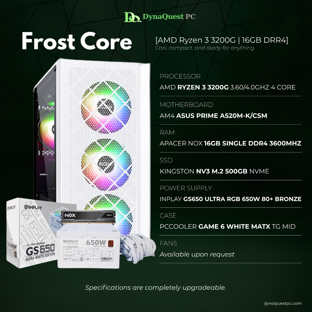 AMD Ryzen 3 3200G 4-Core | A520M | 16GB DDR4 RAM | 500GB NVMe SSD | 650W Bronze PSU | PCCooler mATX Case | CPU Package