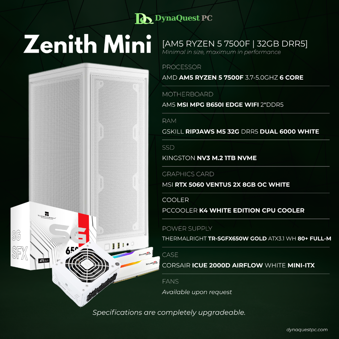 AMD Ryzen 5 7500F 6-Core | B650i | 32GB DDR5 RAM | 1TB NVMe SSD | RTX5060 8GB OC GPU | 750W Bronze PSU | Corsair mini-ITX Case | 120mm Air Cooler | CPU Package