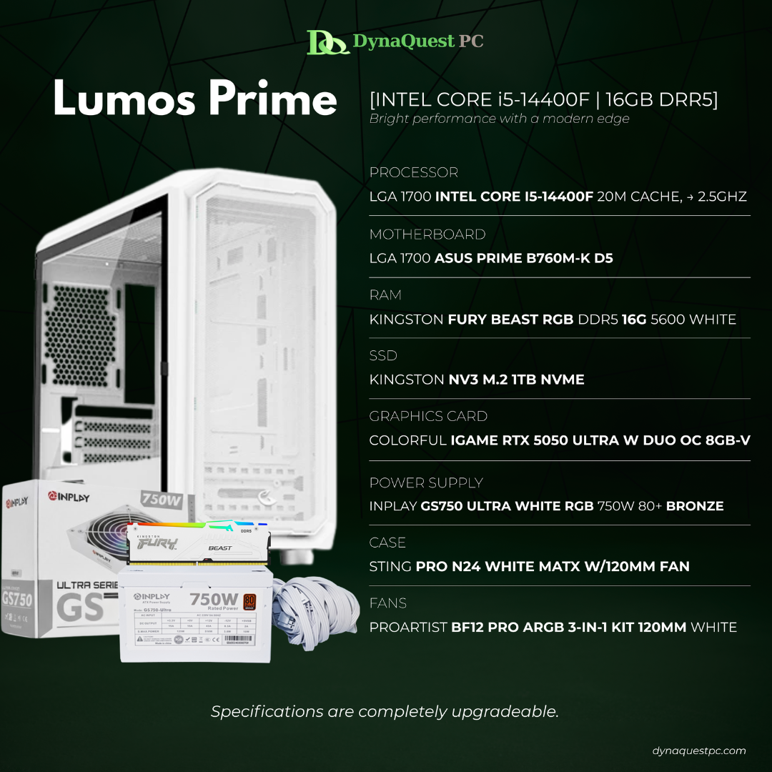 Intel Core i5-14400F | B760M | 16GB DDR5 RAM | 1TB NVMe SSD | RTX5050 8GB OC | 750W Bronze PSU | Sting Pro mATX Case | CPU Package