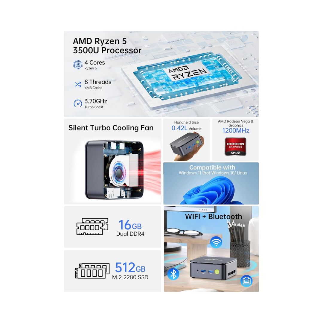 GMKtec G10 Nucbox Mini PC (Black) AMD Ryzen 5 3500U | 16GB RAM | 512GB SSD | Windows 11 Pro | hdmi Usb-C