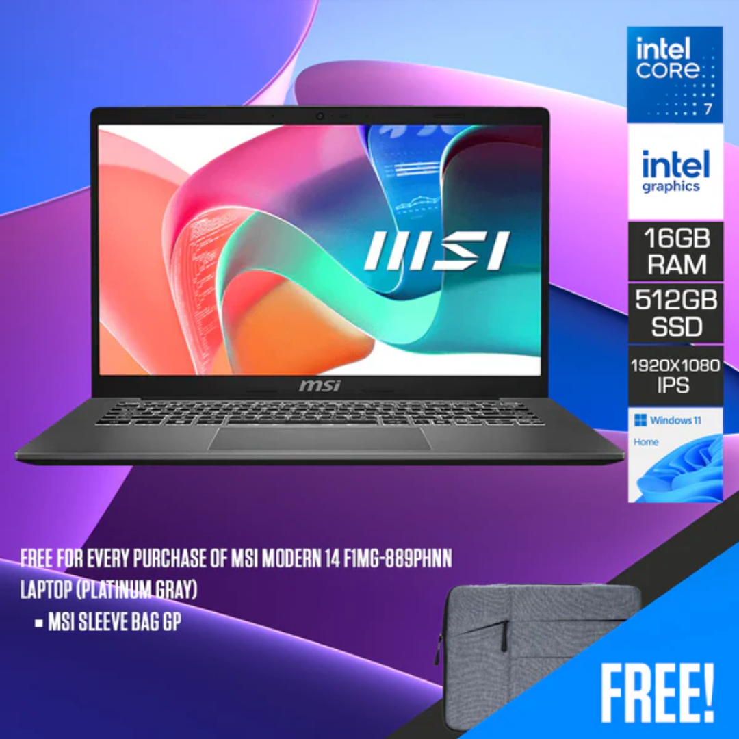 MSI Modern 14 F1MG-889PHNN Laptop (Platinum Gray) | 14" IPS FHD 1920x1080 | Intel Core 7-150U | 16GB RAM | 512GB SSD | Intel Graphics | Windows 11 Home | MSI Sleeve Bag