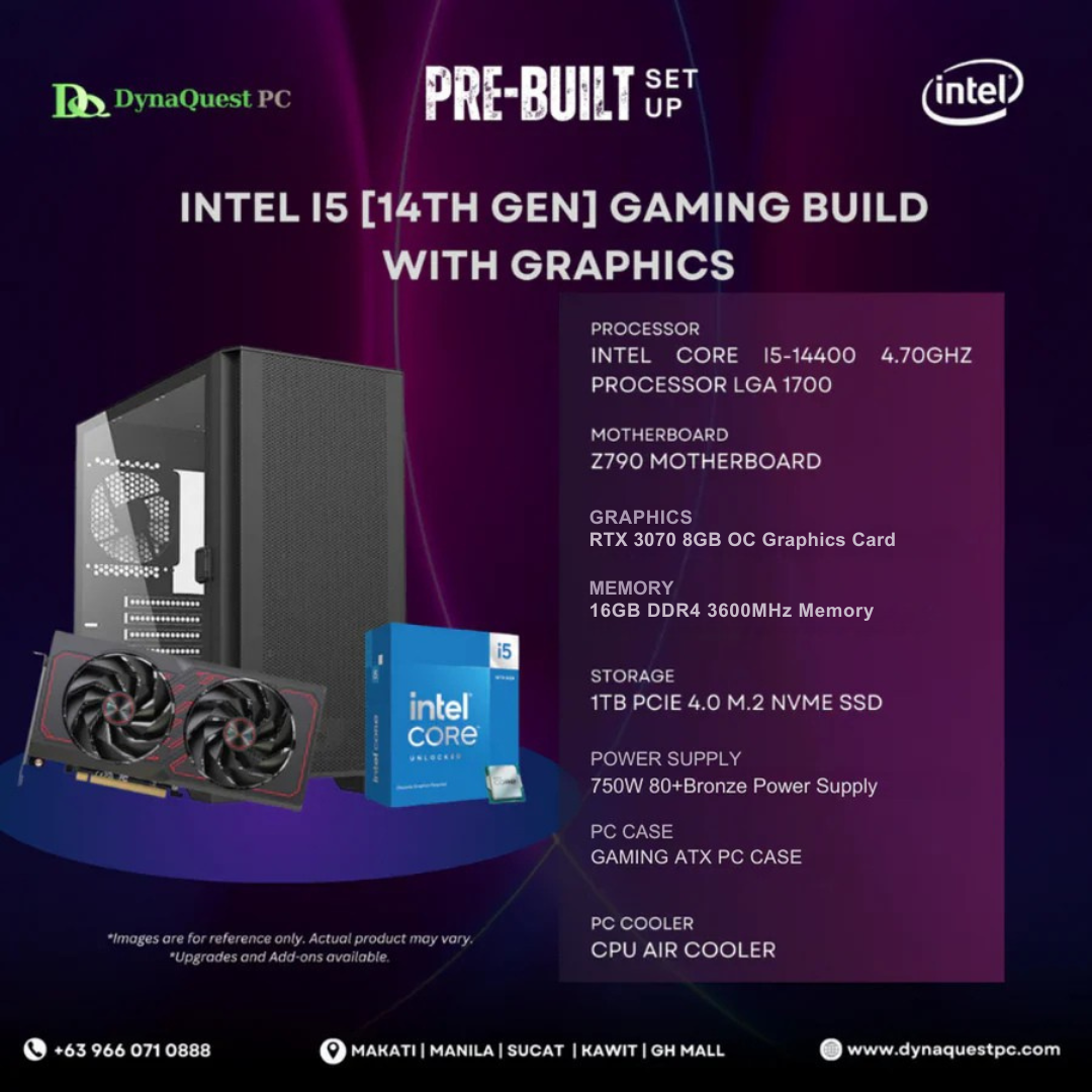 Intel Core i5-14400 | Z790 | 16GB DDR4 RAM | 1TB NVMe SSD | RTX 3070 8G OC GPU | 750W Gold PSU | FSP ATX Case | 120mm Air Cooler | CPU Package