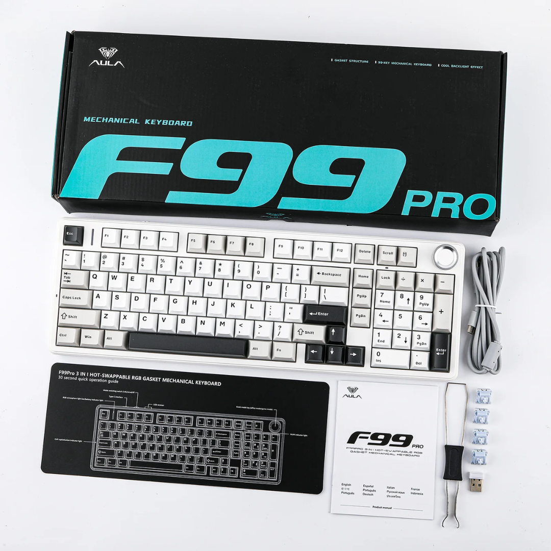 Aula F99 Pro Tri-Mode 96% 100-Key Gasket-Mounted Mechanical Keyboard with Knob (Star Vector Switch) (Blue/White/Black)