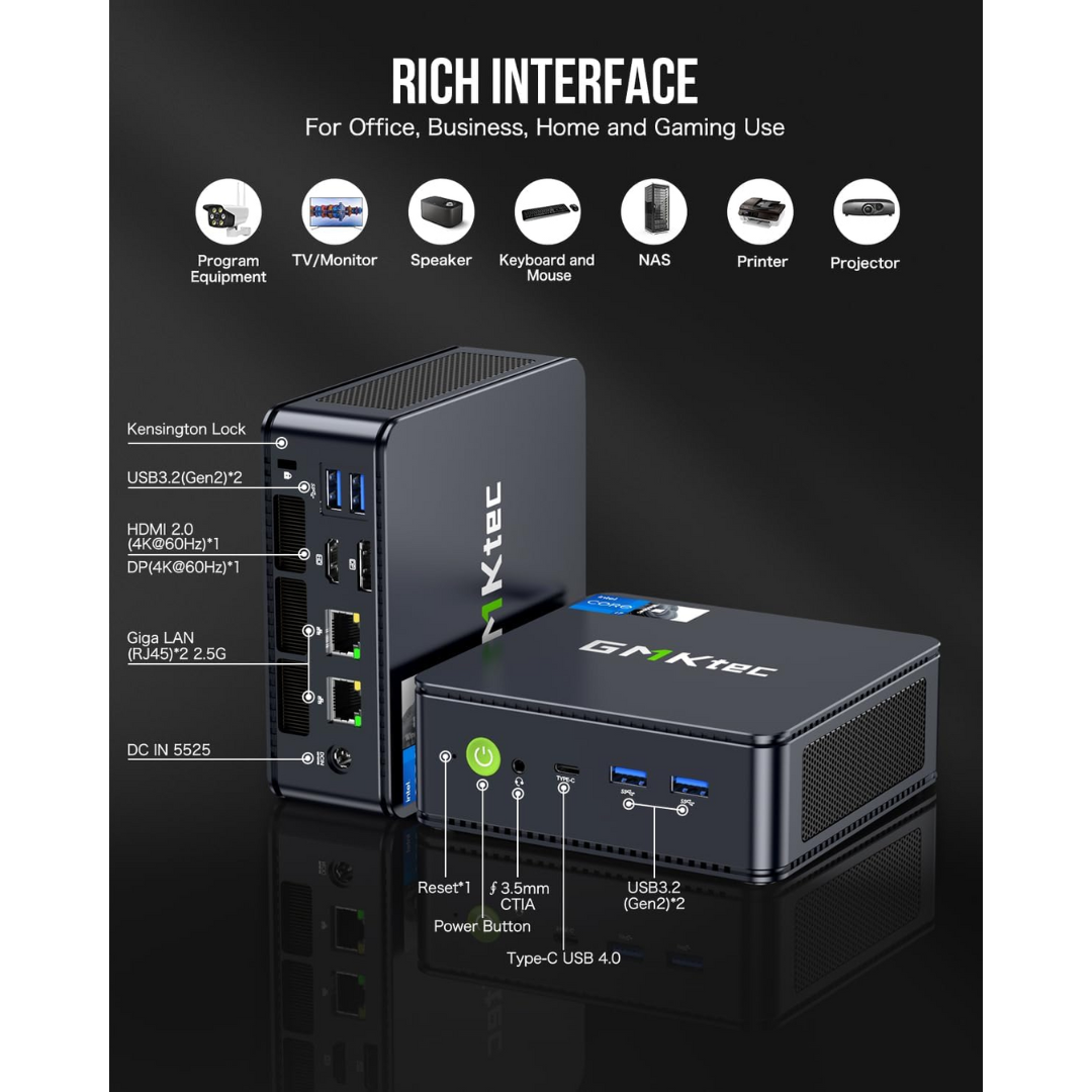 GMKtec K7 Plus NucBox Mini PC (Black) - Intel i7-1360H | 32GB DDR5 | 1TB M.2 | IrisXe | Wifi 6 + BT5.2 | Windows 11 Pro | HDMI | DP | USBC