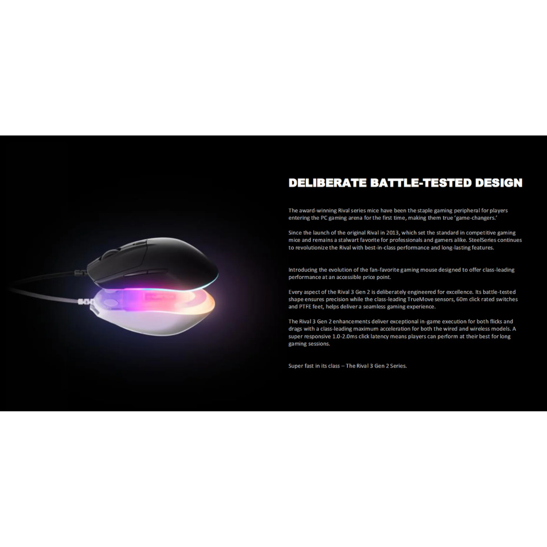 SteelSeries Rival 3 Gen 2 8,500 DPI 3 Zone RGB Lightweight Wired Gaming Mouse ( Black 62515 | White 62516 )
