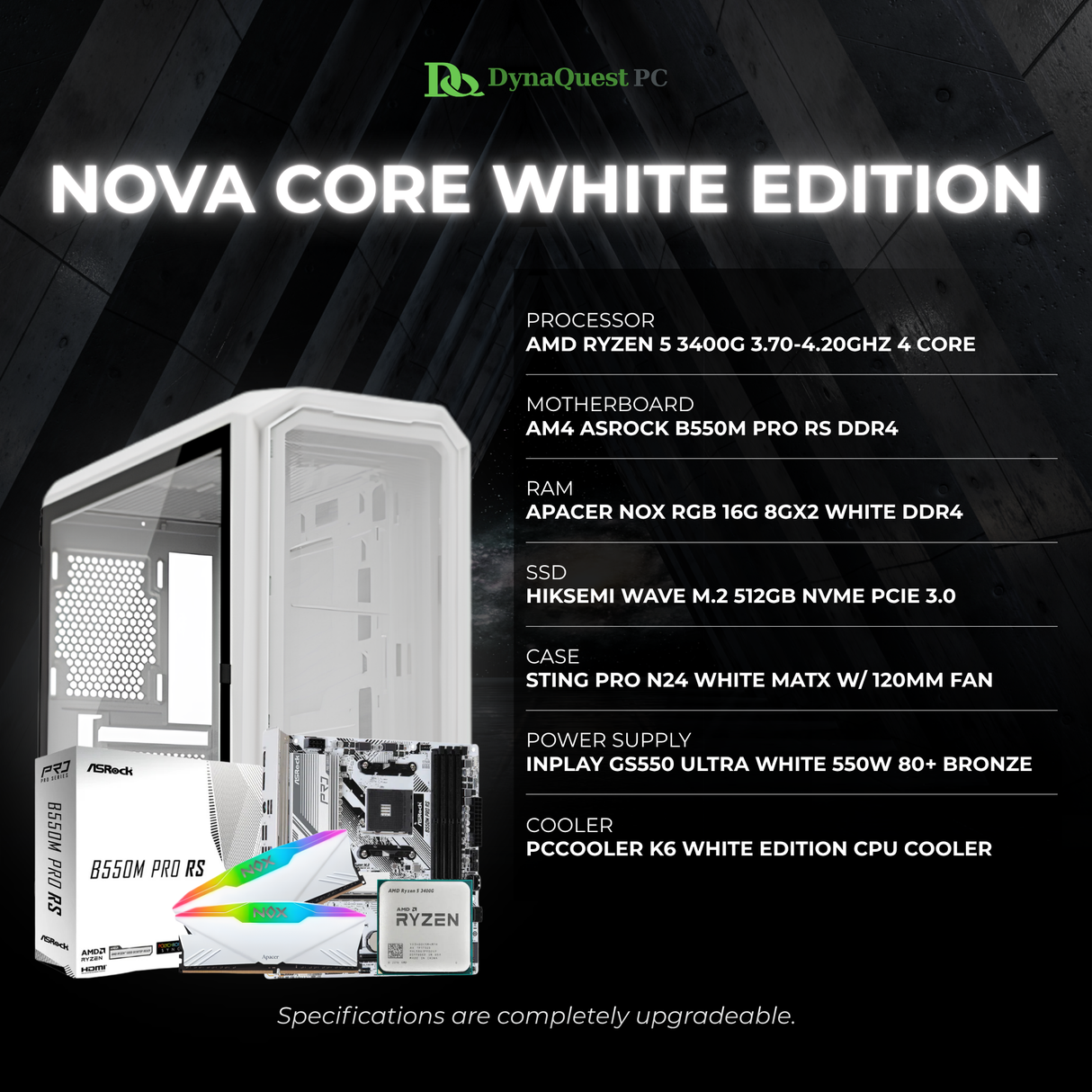 AMD Ryzen 5 3400G | Vega 11 Graphics | B550M | 16GB DDR4 RAM | 512GB NVMe SSD | 550W 80+ BRONZE | STRING PRO Case | CPU Package