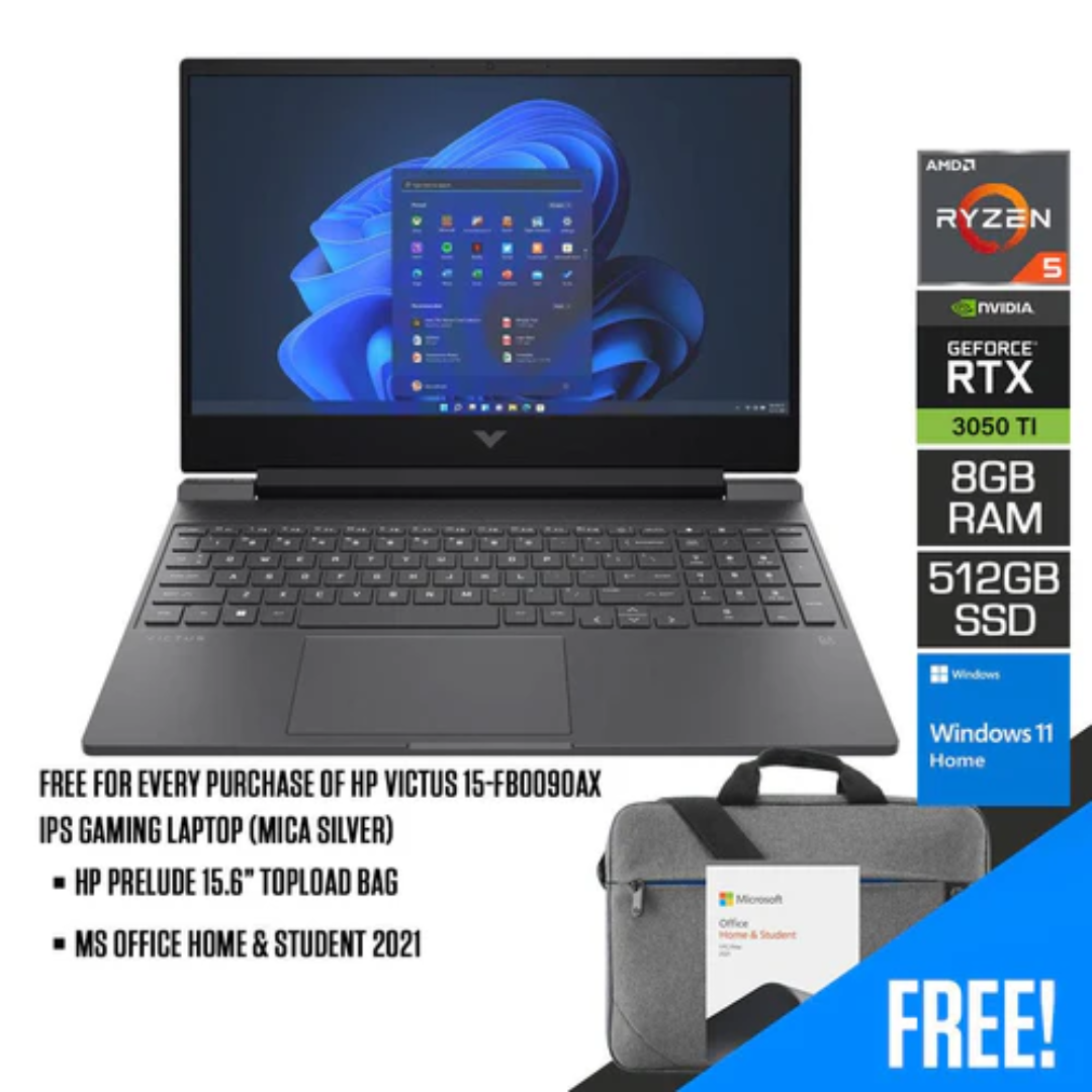 HP Victus 15-FB0090AX IPS Gaming Laptop (Mica Silver) | 15.6" FHD | Ryzen™ 5 5600H | 8 GB DDR4 | 512 GB SSD | RTX™ 3050 Ti | Windows 11 | MS Office Home & Student 2021 | HP Prelude 15.6” Topload Bag