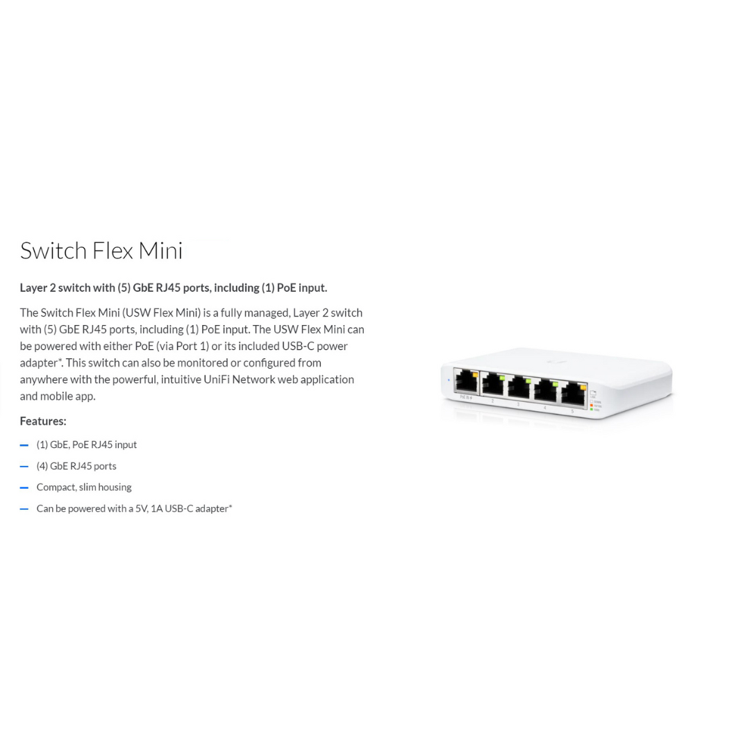 Ubiquiti USW-Flex-Mini USW Flex Mini Compact 5-Port Gigabit Switch can be powered with PoE or a 5V USB-C adapter