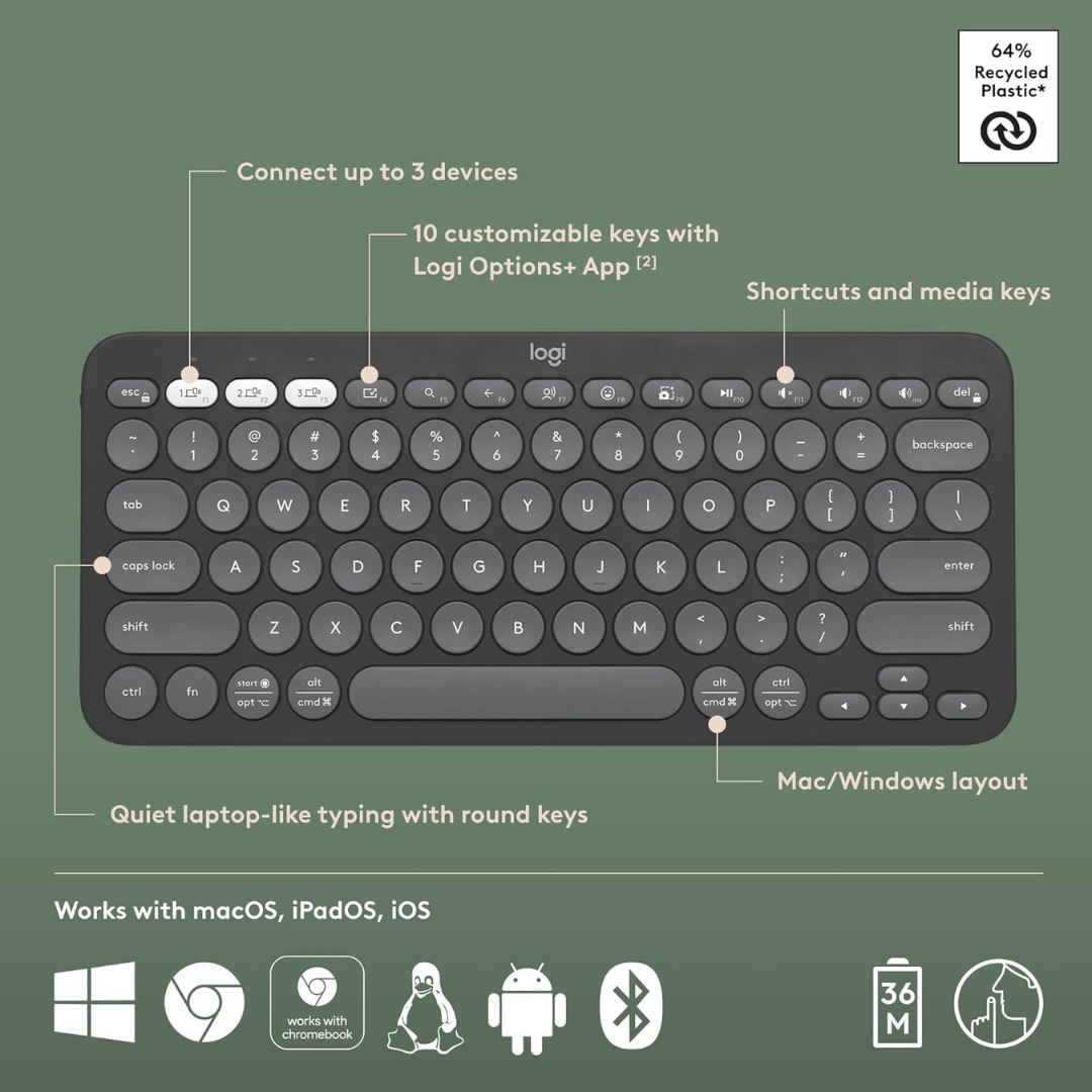 Logitech K380s Pebble Keys 2 Multi-Device Keyboard Graphite