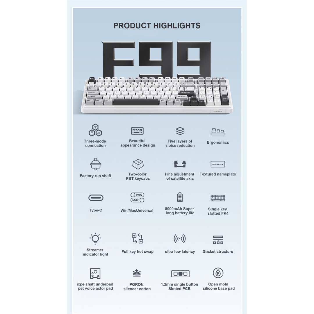 Aula F99 Pro Tri-Mode 96% 100-Key Gasket-Mounted Mechanical Keyboard with Knob (Nimbus Switch V3) (Gradient Gray)