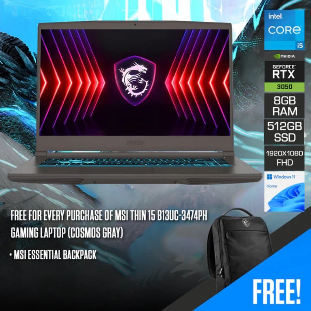 MSI Thin 15 B13UC-3474PH Gaming Laptop (Cosmos Gray) | 15.6" IPS 144Hz FHD 1920x1080 | i5-13420H | 8GB RAM | 512GB SSD | RTX 3050 | Windows 11 Home | MSI Backpack