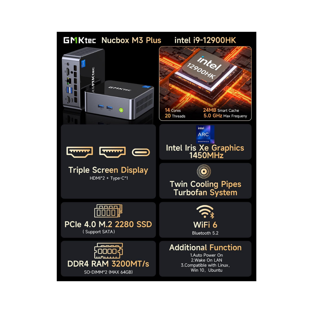 GMKtec M3 Plus NucBox Mini PC (Black) - Intel i9-12900K | 32GB DDR4 | 1TB M.2 | WiFi 6 | 2.5G | Windows 11 Pro
