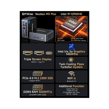 GMKtec M3 Plus NucBox Mini PC (Black) - Intel i9-12900K | 32GB DDR4 | 1TB M.2 | WiFi 6 | 2.5G | Windows 11 Pro