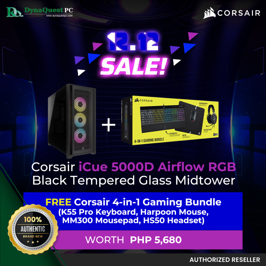 Corsair iCue 5000D Airflow RGB Black TG Midtower + Corsair 4in1 Gaming Bundle (K55 Pro Keyboard, Harpoon Mouse, MM300 Mousepad, HS50 Headset)