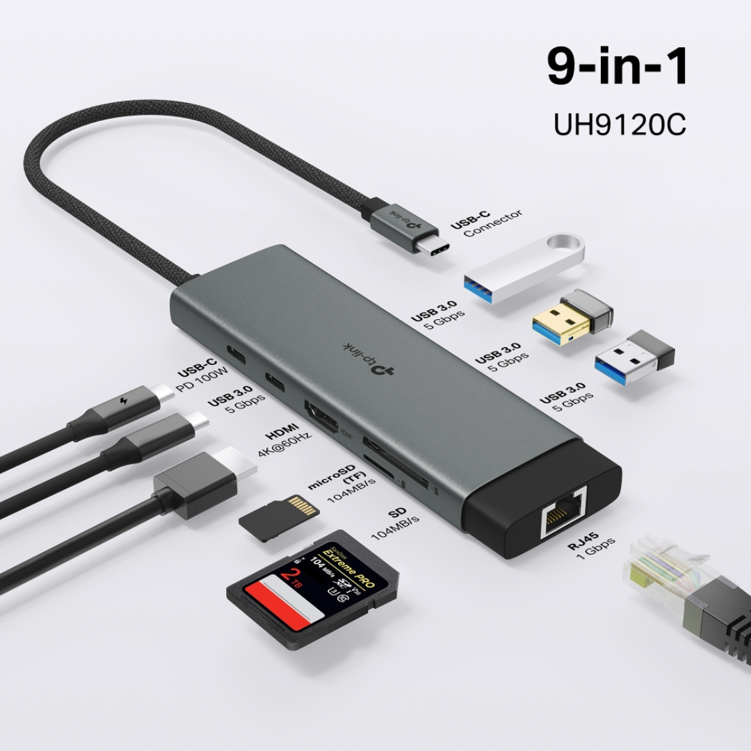 TP-Link UH9120C USB 3.0 Type-C 9-in-1 Portable USB Hub | USB-C Hub | Gigabit | SD & microSD UHS-I | 100W Fast Charging