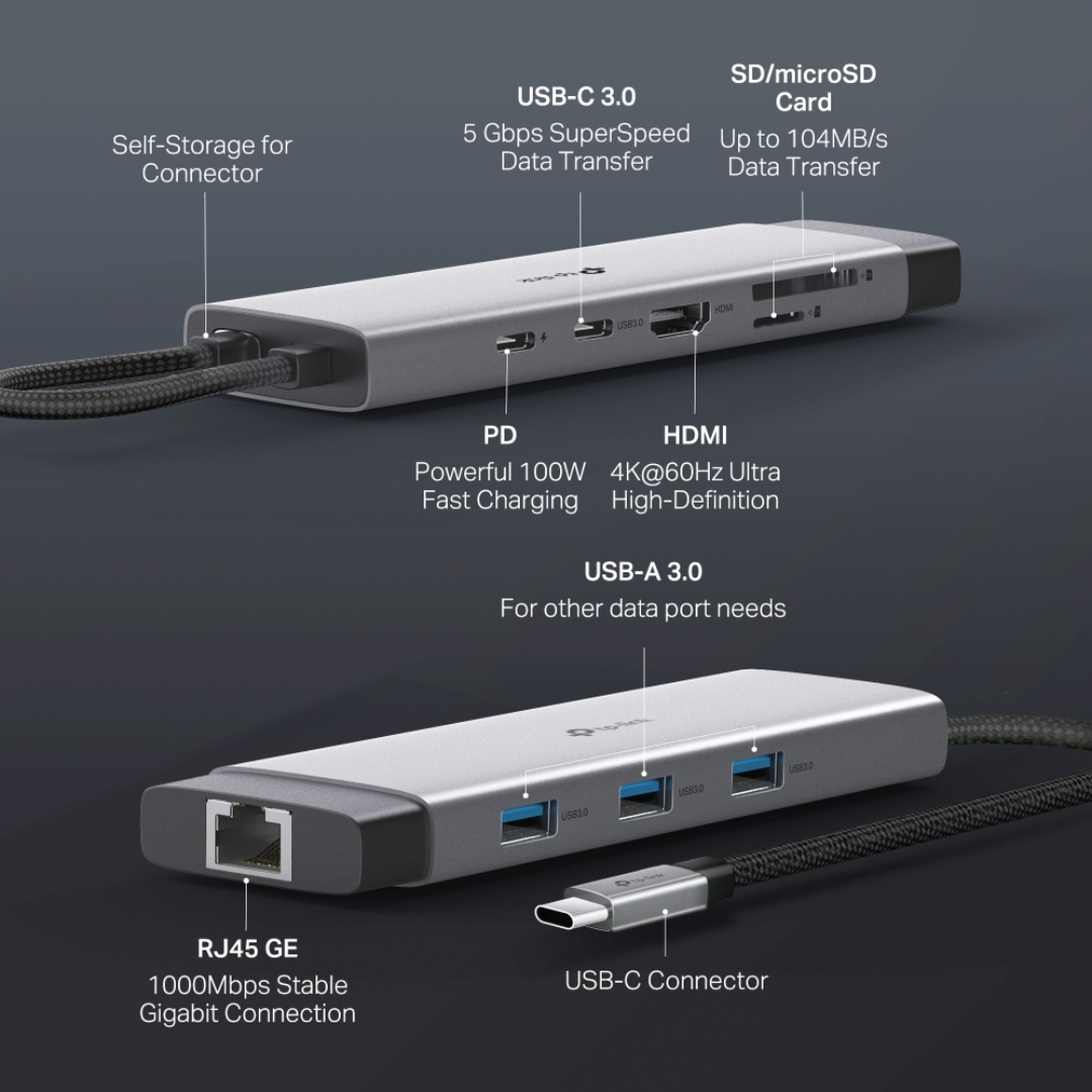 TP-Link UH9120C USB 3.0 Type-C 9-in-1 Portable USB Hub | USB-C Hub | Gigabit | SD & microSD UHS-I | 100W Fast Charging