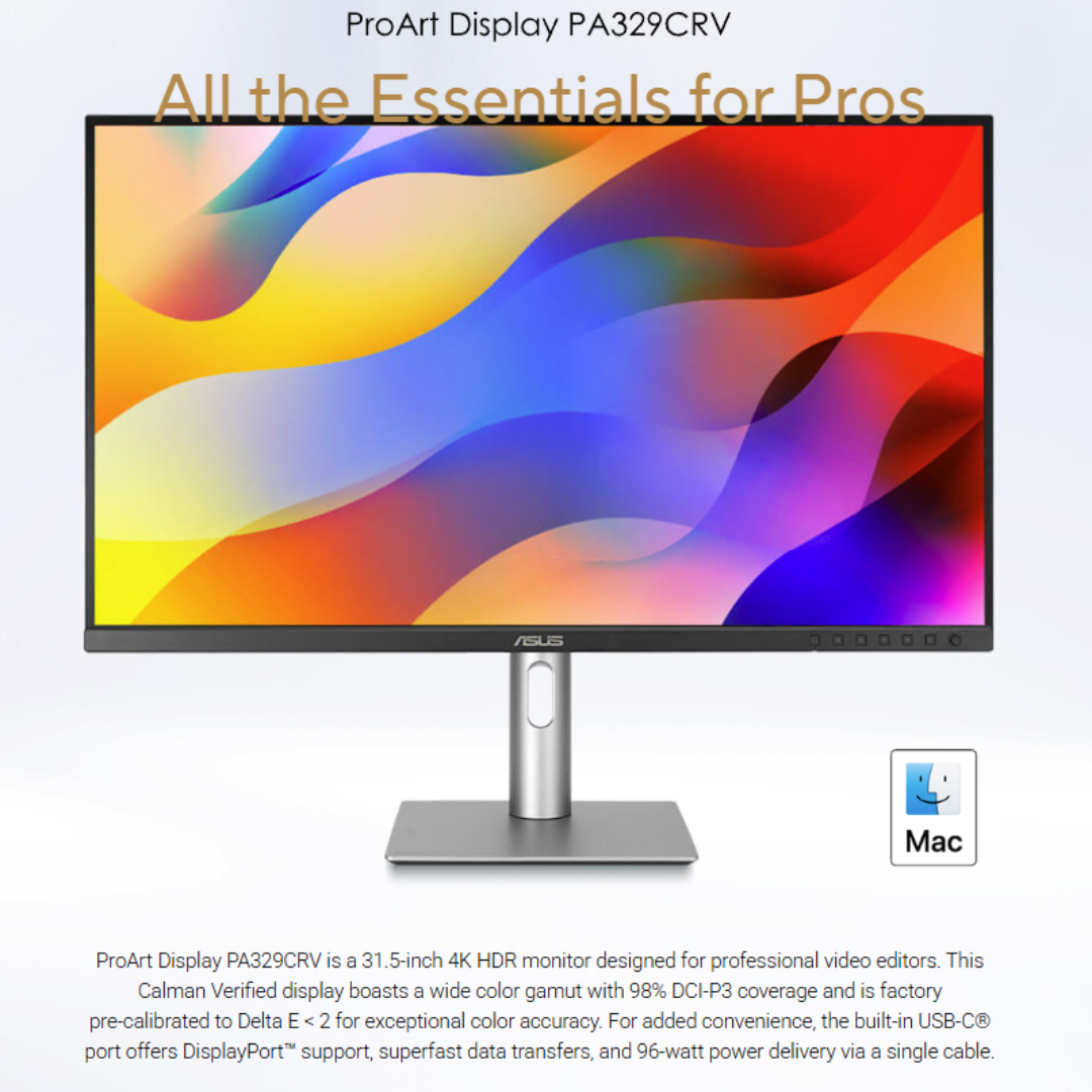 Asus ProArt PA329CRV 32" IPS 60Hz 4K 2160p/FS sRGB HDR400 Monitor 2HDMI2.0 2DP USB-C spkr pivot adj ergo stand